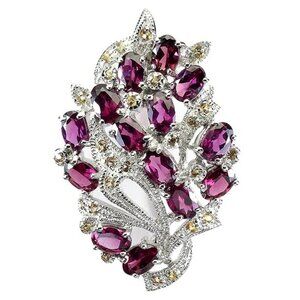 Unheated Oval Rhodolite 6x4mm & Sapphire Diamond Cut 925 Sterling Silver‎ Brooch